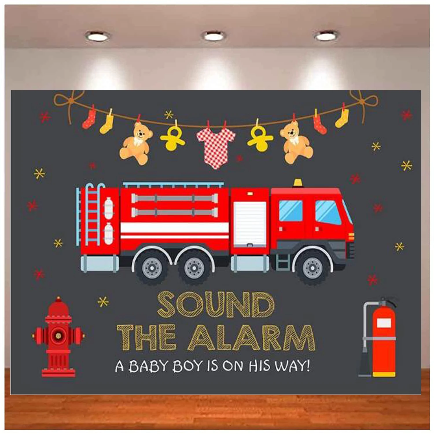 Boy Baby Shower Photo Photography Backdrop Firetruck Sound The Alarm Firefighter Fireman Red And Black Party Decor Background