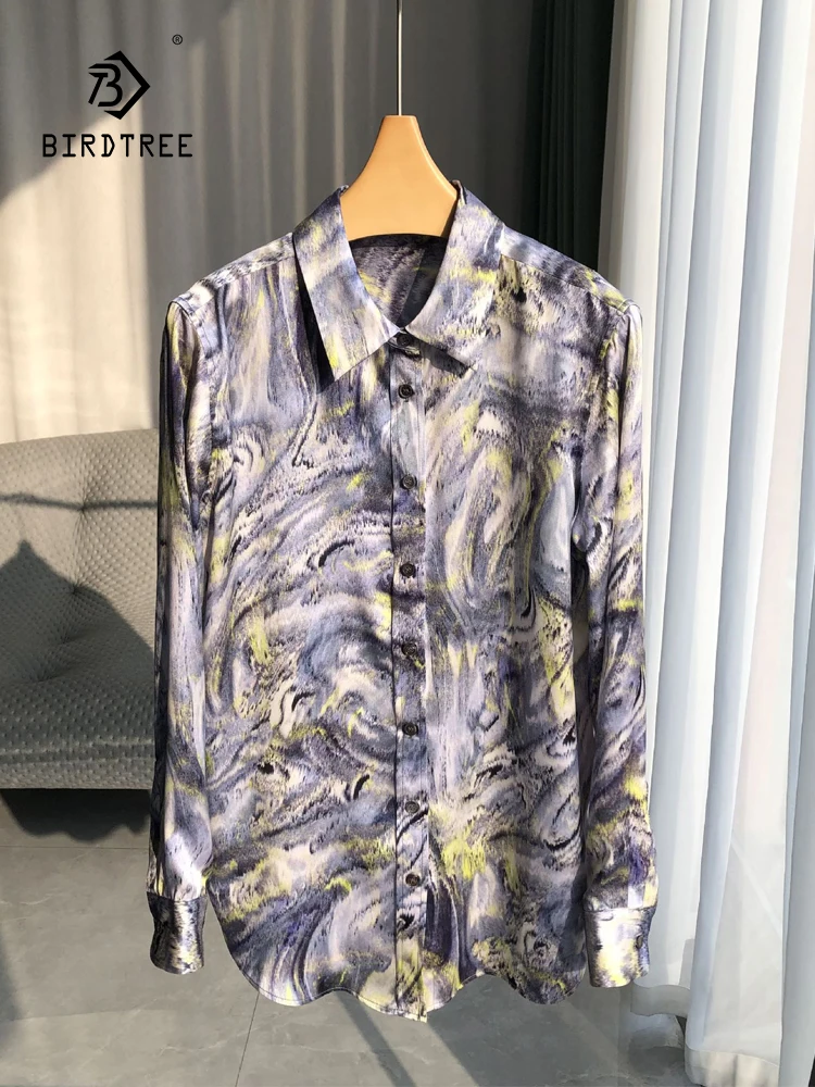 

Birdtree 16.7MM 100%Mulberry Silk Abstract Print Sand Washed Shirt Black Butterfly Shell Long Sleeve Shirt 2024 Spring T3D7103QC