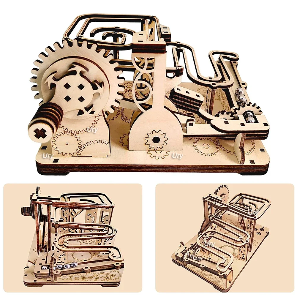 Ury 3D Wooden Puzzles Catapult Track Device Marble Run Set Mechanical Manual Model Science Maze Ball Assembly Toy Gift for Teens