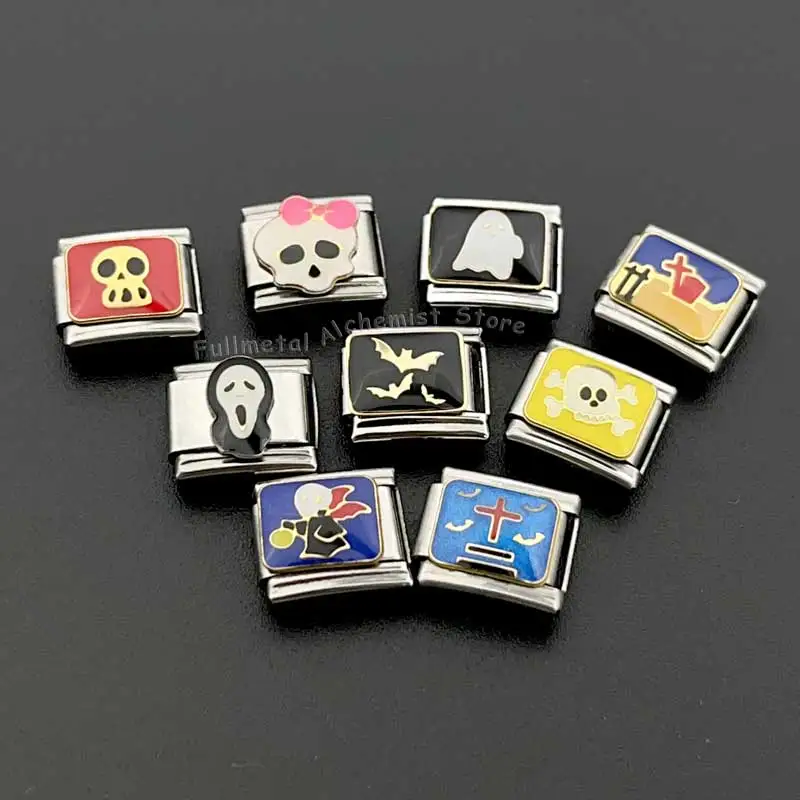 イタリアのステンレス鋼ブレスレットチャーム 9 ミリメートルモジュールハロウィン取り外し可能なゴーストパターンカップルギフトジュエリーメイキング DIY スプライシング