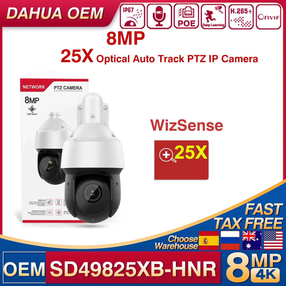 

Наружная IP-камера Dahua OEM, 8 Мп, 4K, PTZ, фотокамера SD49825XB-HNR 25X, зум ИК, 100 м, WizSense, автослежение, камера наблюдения за человеческим транспортным средством