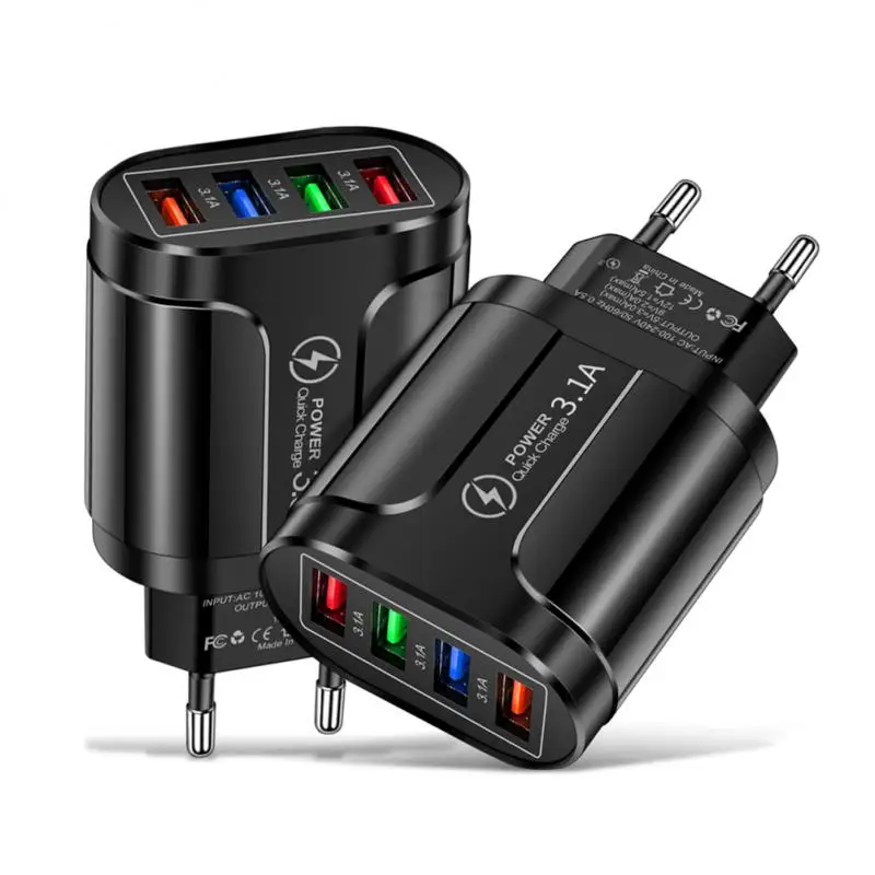 3.1a 4usb Multi-port Phone Charger With Led Light Illuminated Travel Fast Charging Head Adapter EU/US/UK Plug