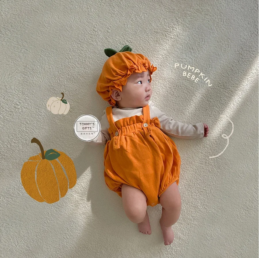 Baby Clothes 2023 Autumn Hot Fashion Baby Girl's Halloween Climbing Suit Pumpkin Lantern Strap Pant+Hat