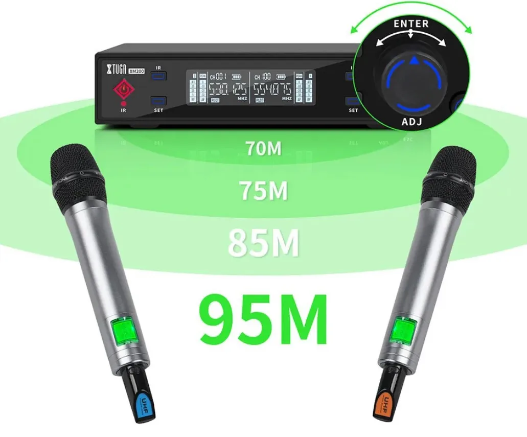 Micrófono de mano inalámbrico XTUGA, micrófono de carga de Audio para exteriores de frecuencia continua de escenario de diversidad verdadera XM200
