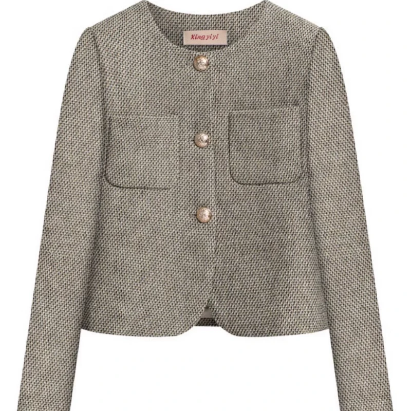 

Грубые шерстяные куртки с круглым вырезом для женщин, осень 2022, новый короткий стиль, твидовая куртка в клетку, винтажное элегантное пальто с блестящей нитью