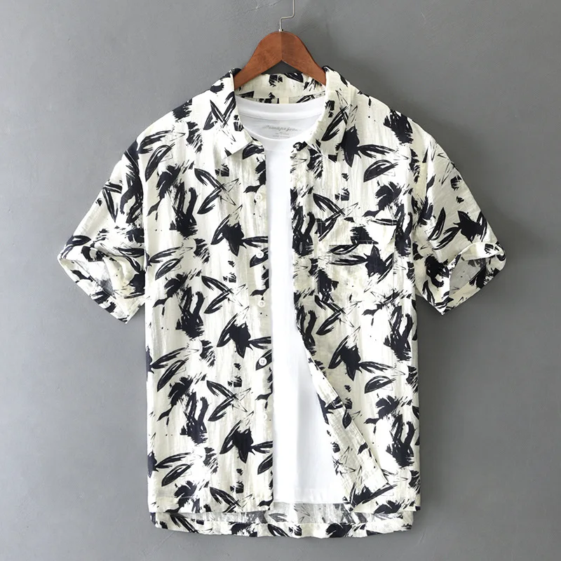 

T204 Summer Fashion Beach Shirts For Man Soft Linen Casual Floral Printed Short Sleeve Lapel Casual Loose Holiday Hawaii Tops