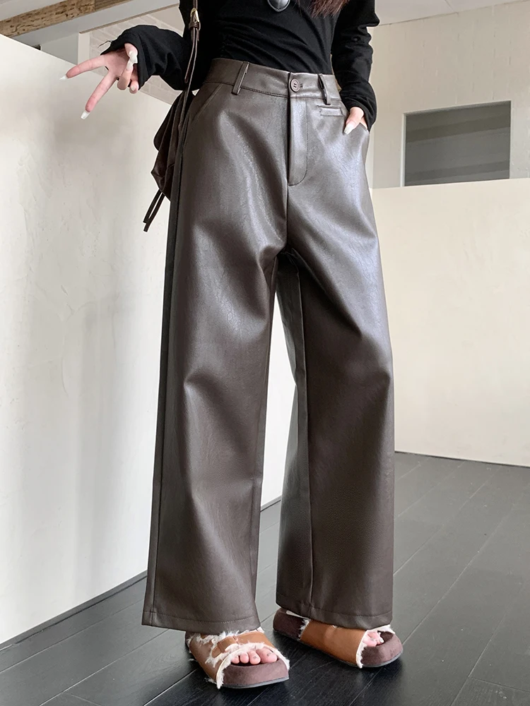 Vintage Micro Flare PU Leather Pants Women Casual Ankle-Length Pants Loose Wide Leg High Waist Autumn Winter Pants Pocket Pants