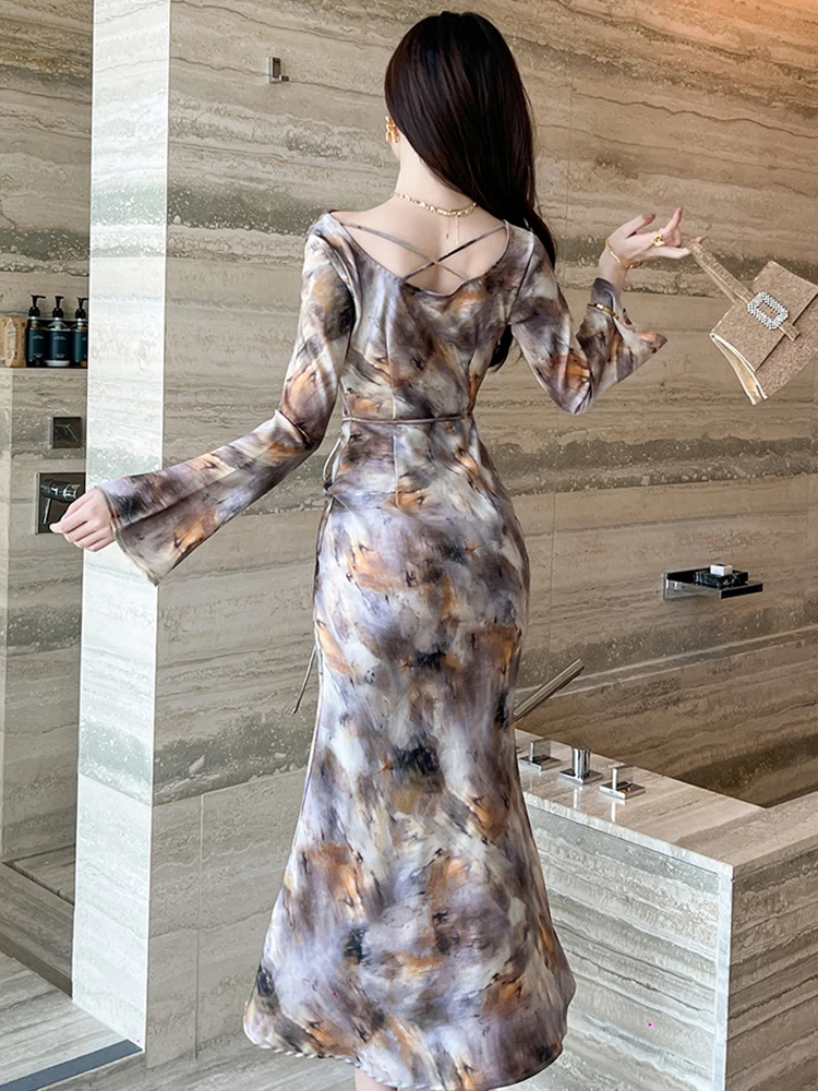 Novo outono casual impressão gola oscilante sereia vestido longo roupas femininas elegante manga alargamento cinto fino robe festa de formatura vestidos