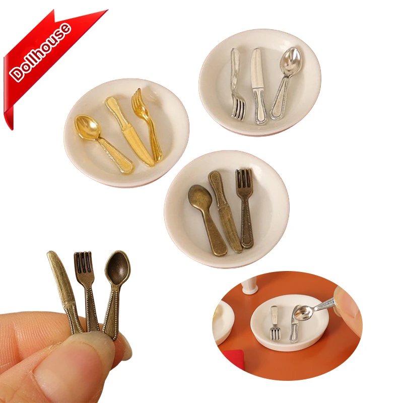 4Pcs 1:12 Dollhouse Plate Knife Fork Spoon Set Dollhouse Mini Tableware Accessories Dolls House Kitchen Decoration Play Toys