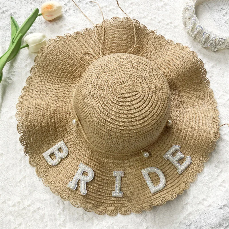 Bride MRS Summer Wave Large-brimmed Hat Wedding Travel Beach Hat Sunshade Cap Seaside Wedding Decorative Accesories