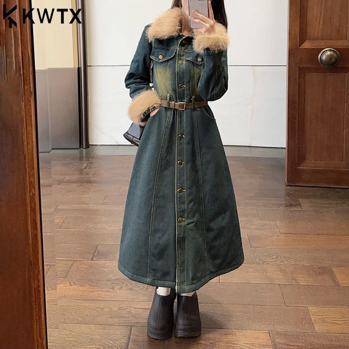 

KWTX 2025 Long Denim Trench Coat with Fur Collar Belted Single Breasted Thickened Vintage Chic Winter New High Quality