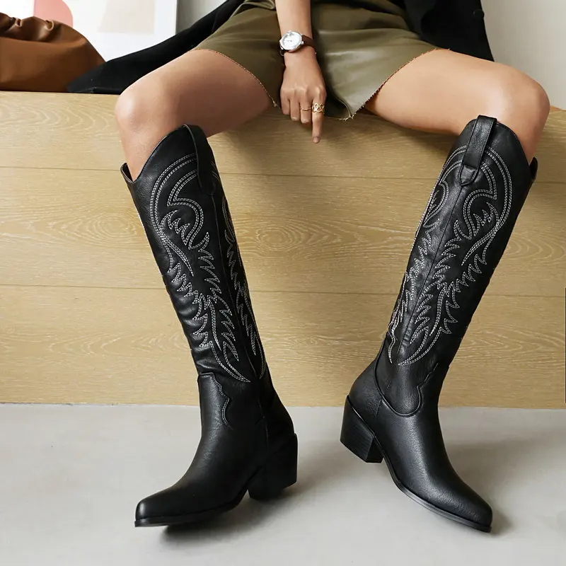 Western Best Cowgirl Wome Boot 22Winter Embroidery Fashion Knee Length Boot Warm Long Knight Boot Elegant Women Shoe Botas Mujer