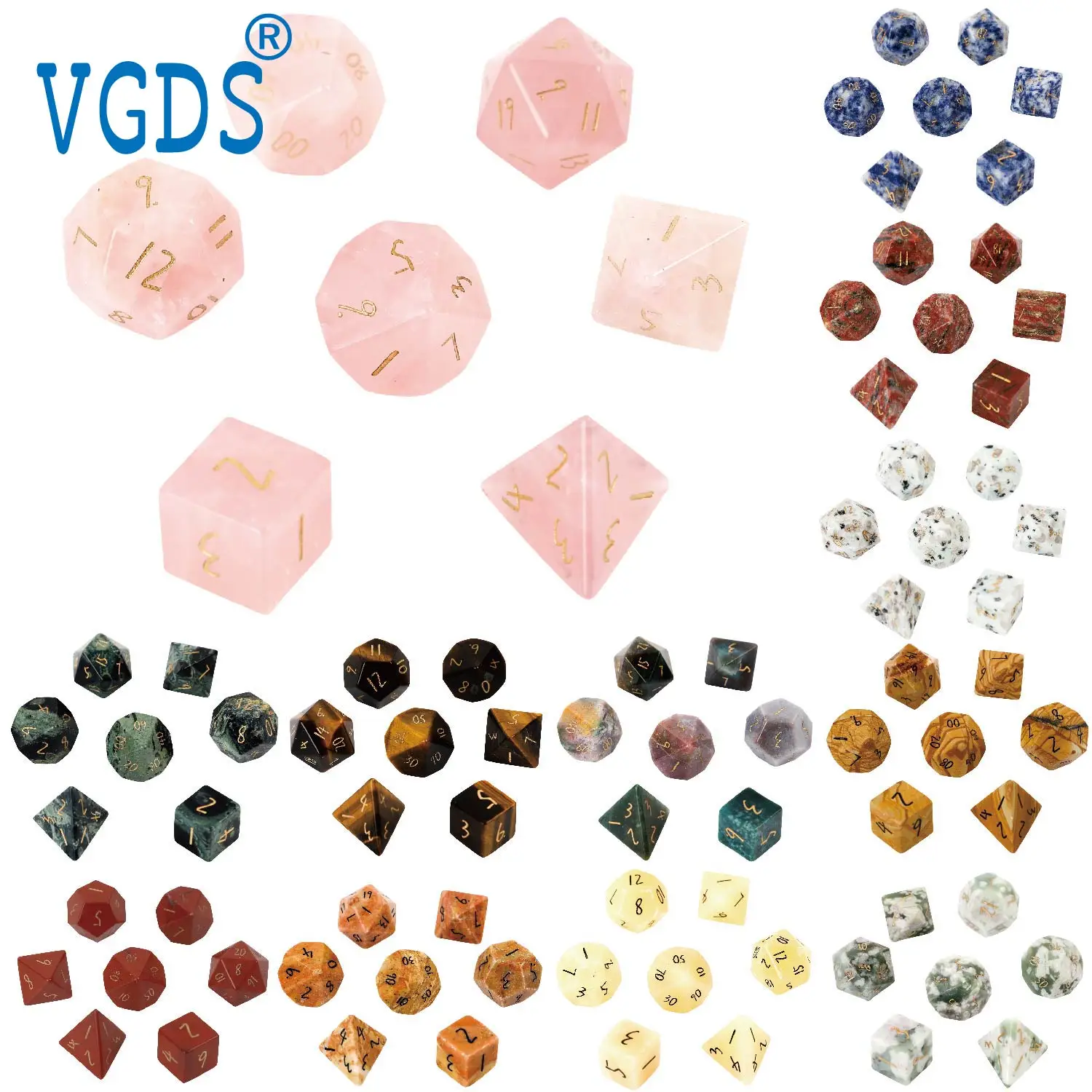 Manuscrito fonte naturalmente cristal rosa quartzo poliédrico conjunto de dados, Role Play Game, ágata, D4, D6, D8, D10, D12, D20, 7pcs por conjunto