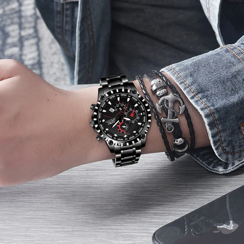 8128 OPK Brand Men's Watch Fashion Multifunctional Calendar Quartz Waterproof Luminous Steel Strap