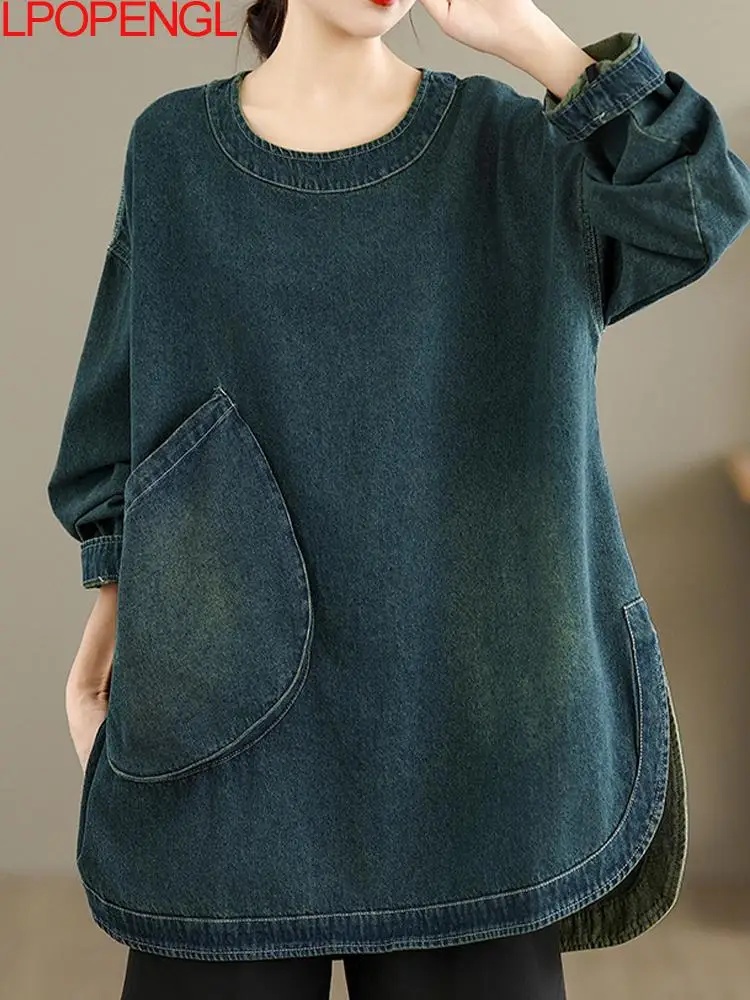 Ethnic Style Solid Color Fashion Korean Medium long sleeves Denim Three-dimensional Large Pocket Autumn O-neck Pullover Jacket