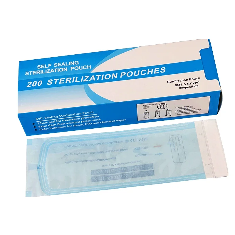 Self Sealing Sterilization Pouch Bag Clear Blue for Nail Tools 10x3.5in 50 pieces