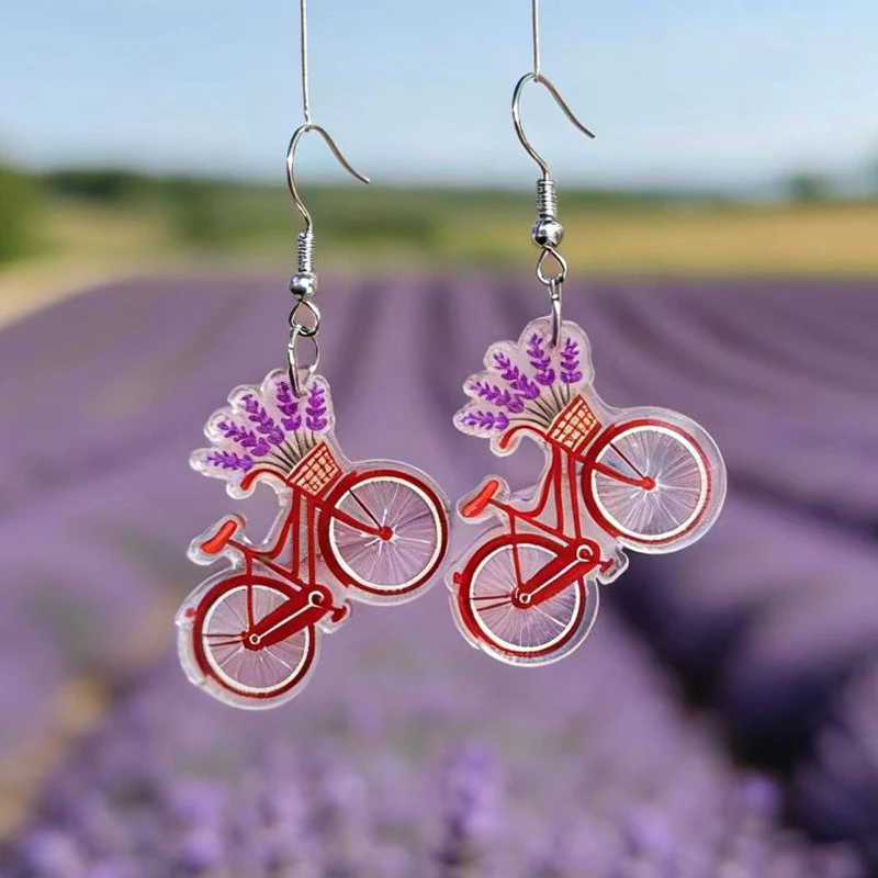 New Lavender Retro Bicycle Earrings Cute Purple Flower Red Bicycle Acrylic Double sided Bohemian Style Summer Vacation Earrings