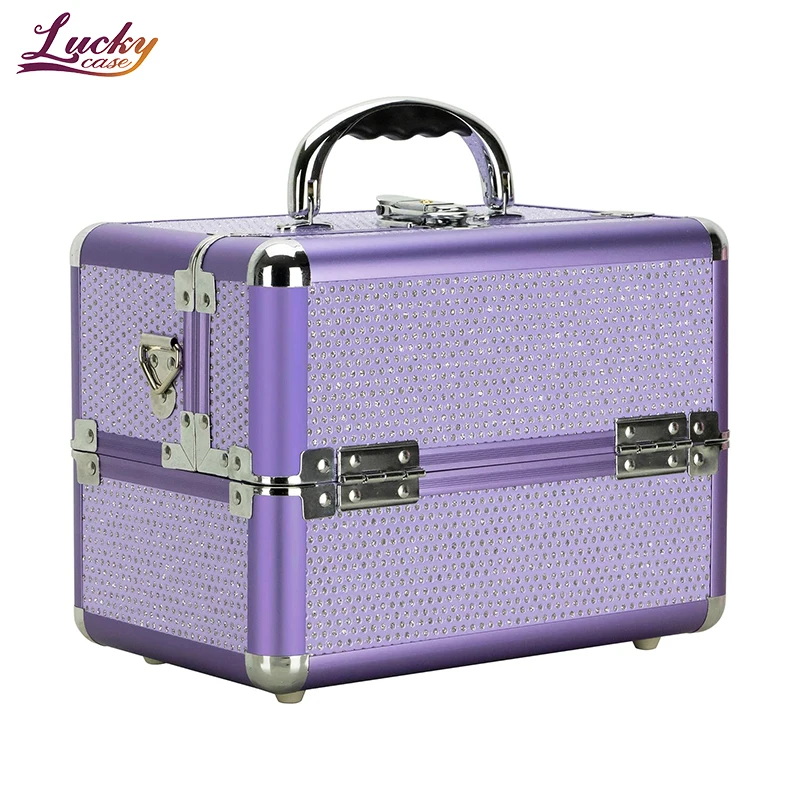 Purple Crystal Train Cosmetic Storage Case Portable Makeup Artist Beauty Box with Trays Aluminum Makeup Case