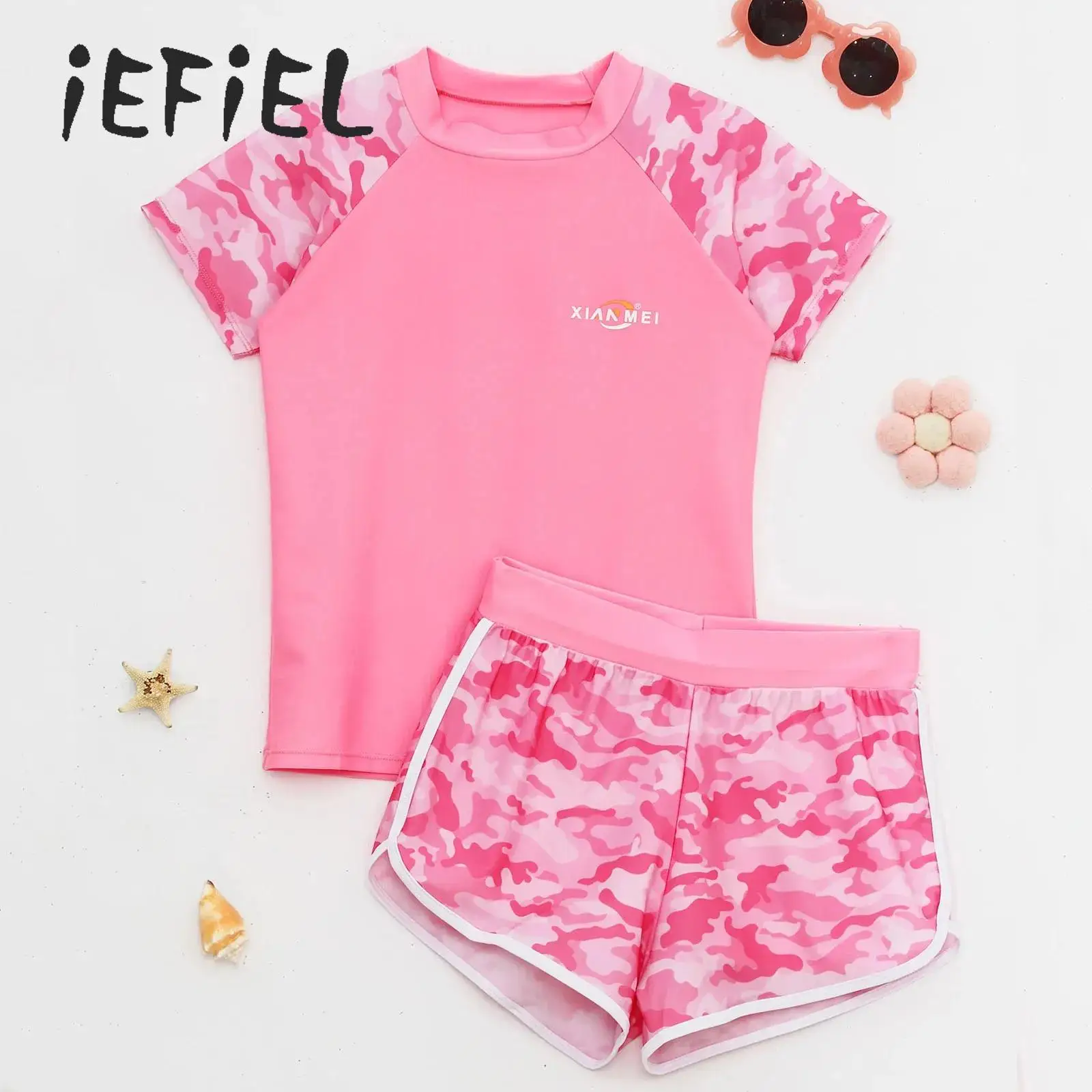 

Teen Girls UV Protection Swimsuit Swimwear Two-Piece Swimming Set Quick-Drying T-shirt Tops with Shorts Rash Guard Beachwear