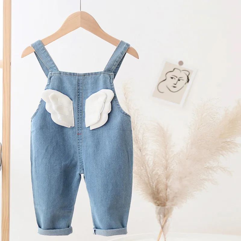 New Children Angel Wings Overalls Boys Girls Casual All-match Denim Trousers Autumn Solid Outwear 1-4Y Kids Fashion Bib Pants