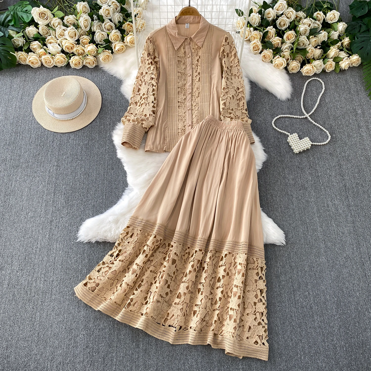 

Spring Summer Lace Hollow Out Set for Women Lapel Lantern Sleeve Shirt Pleated Skirt Two-piece Sets French Elegant Skirts Suit