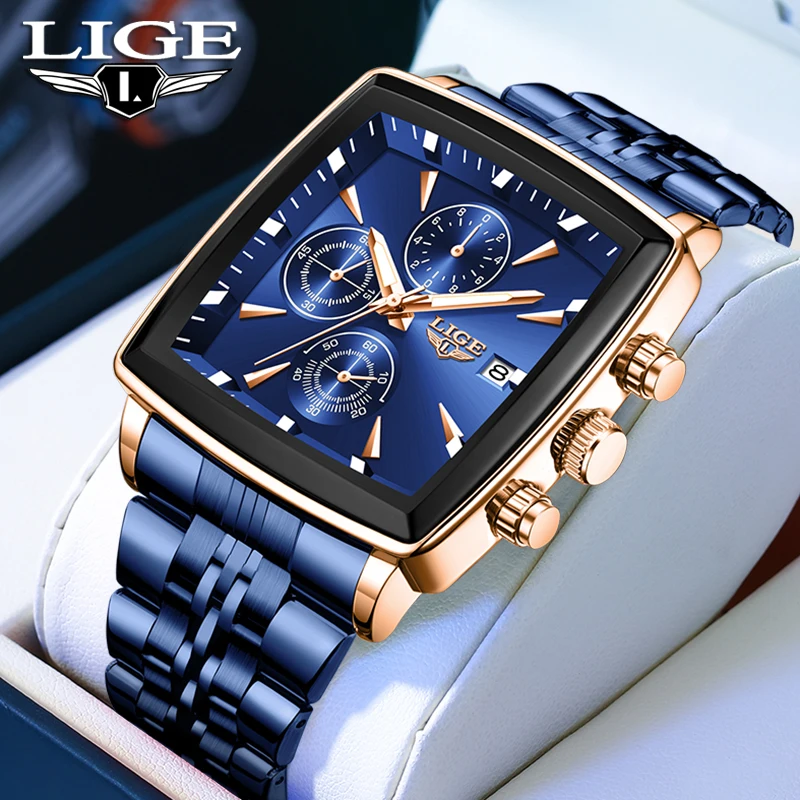 

LIGE 2025 модные квадратные мужские часы, деловые роскошные часы, мужские водонепроницаемые светящиеся хронографы, кварцевые наручные часы Reloj Hombre
