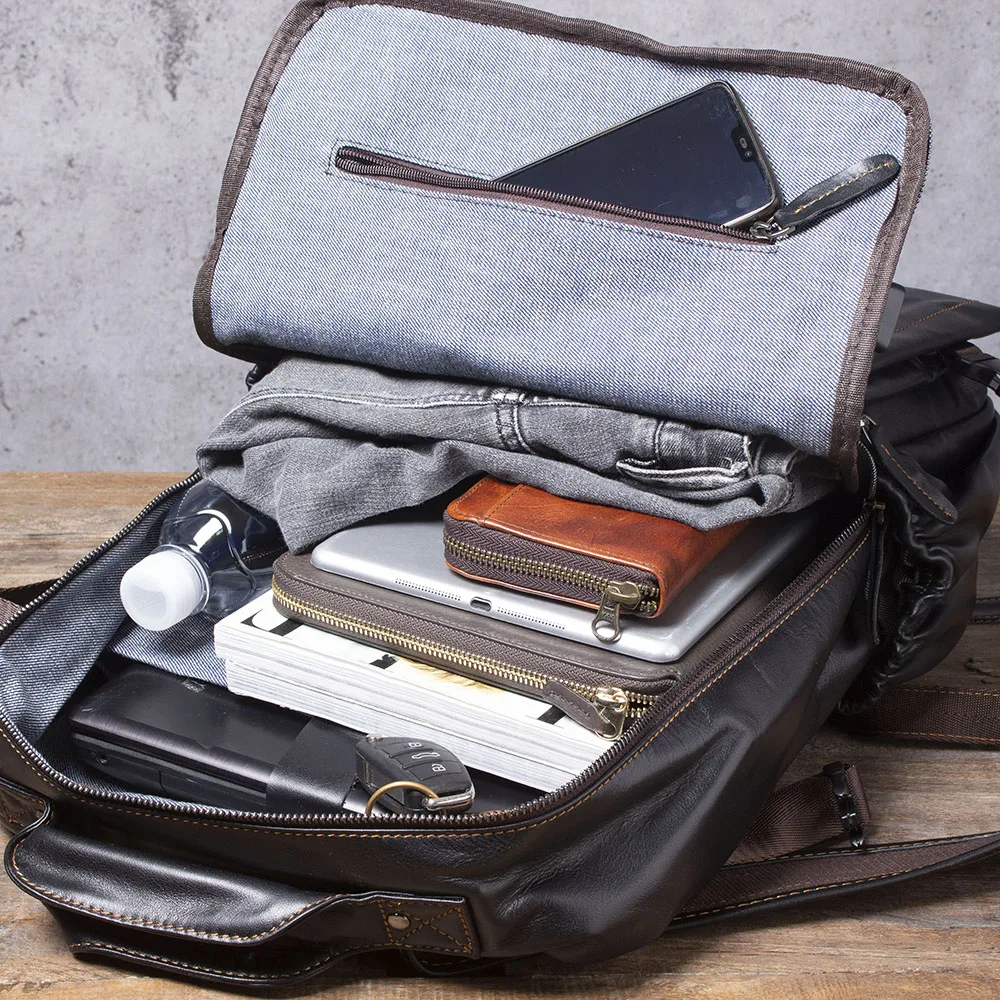 S.WORKER Lässiger Herrenrucksack aus echtem Leder, große Kapazität, 15" Laptop-Reisetasche, Schulrucksack aus Rindsleder, modische Wochenendtasche – Detail 16