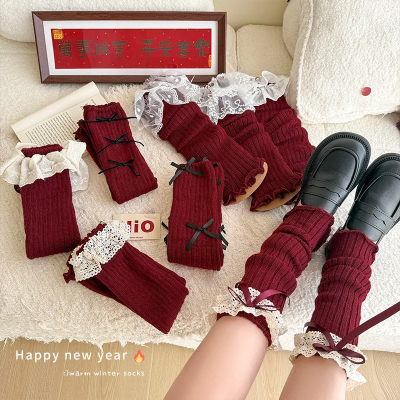 Scaldamuscoli in pizzo Lolita Calzino da donna con volant rosso bordeaux JK Coprigambe lavorato a maglia Scaldamuscoli Polsini per stivali di Natale Capodanno