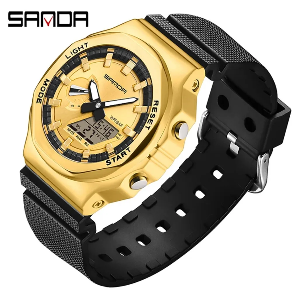 SANDA-Reloj de pulsera deportivo para hombre, cronógrafo de cuarzo con doble pantalla LED, resistente al agua hasta 50M, a la moda, 3167