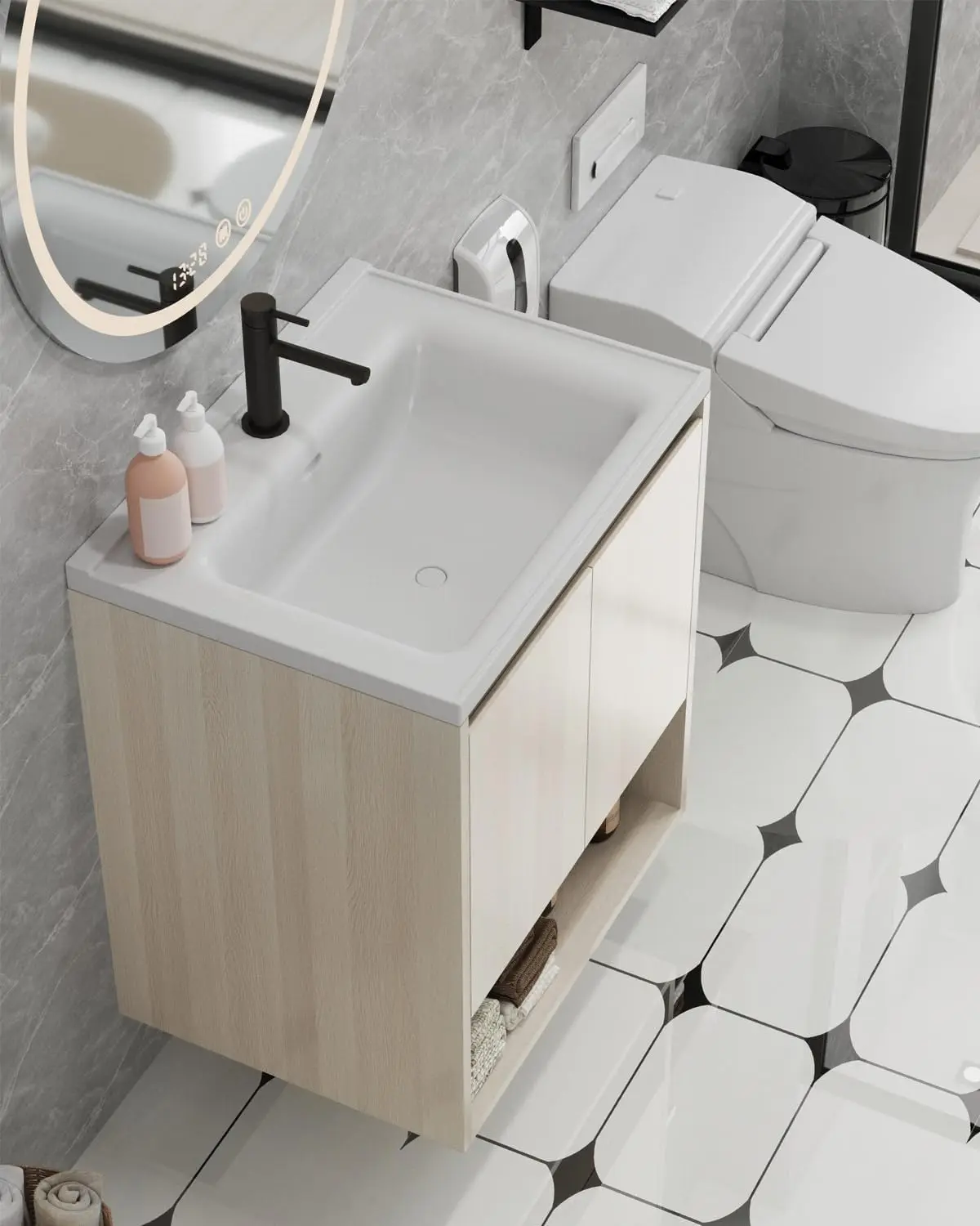 ！@Combohome Custom Built Bathroom Cabinet Walnut 48 Inch Bathroom Vanity Under Sink Vanity Unit With Side Cabinet