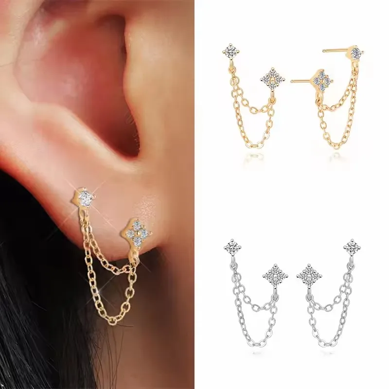 New Arrival Double Ear Studs Tassel Chains Hanging Earrings for Women Ear Piercing 3 Metal Color Luxury CZ Hot Jewelry
