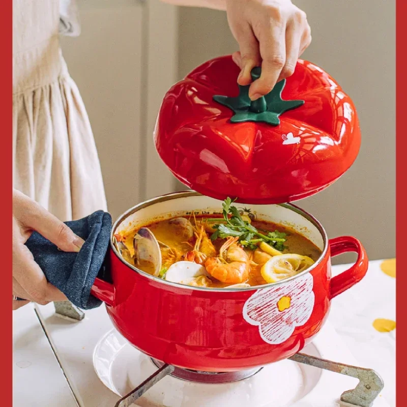 Enamel Flower Tomato Pot, Thick Cooking Pot for Induction and Gas, Ideal for Noodles and Stews, Cookware, High Appearance