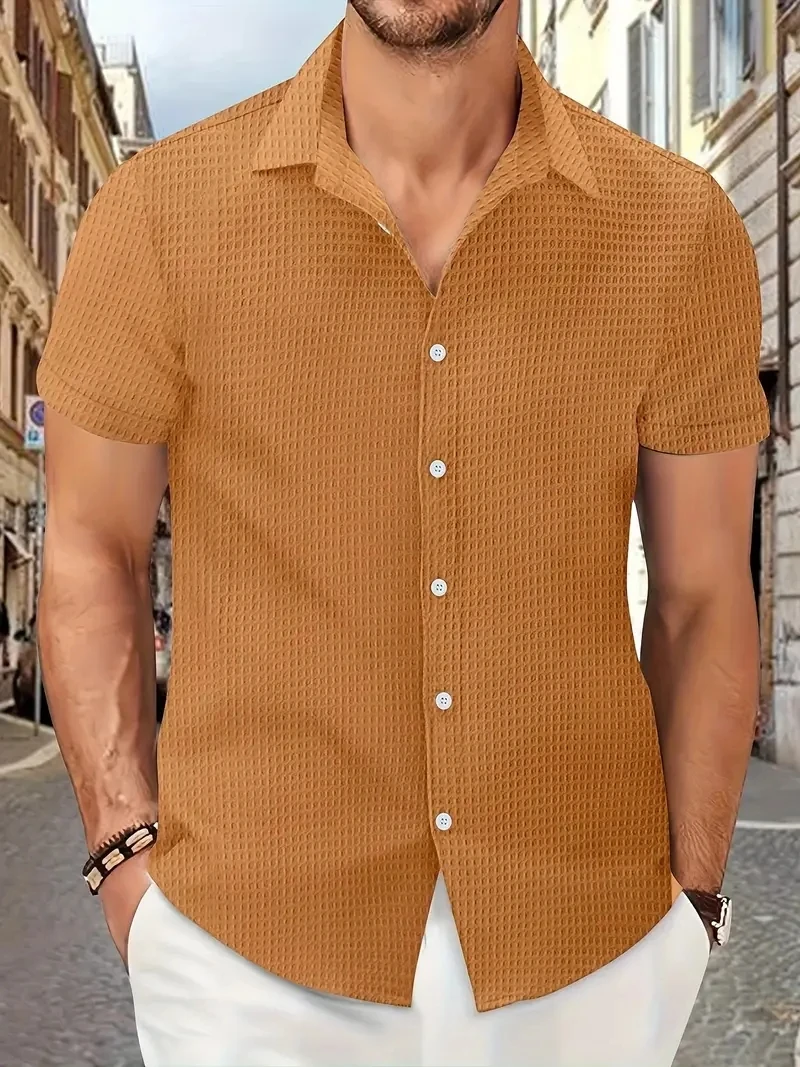 2024 new summer men's jacquard solid color lapel shirt casual beach short sleeve top