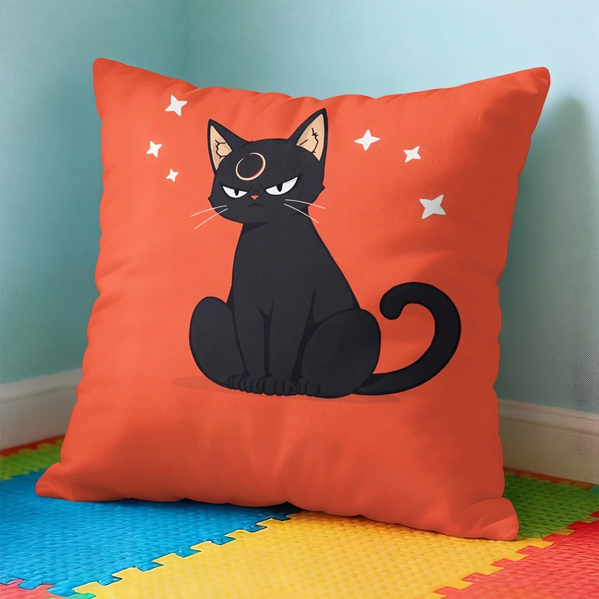 Black Cat Starry Night Pillow Cover Single Sided Short Plush 18x18 Inch Zipper Washable Home Decor Gift