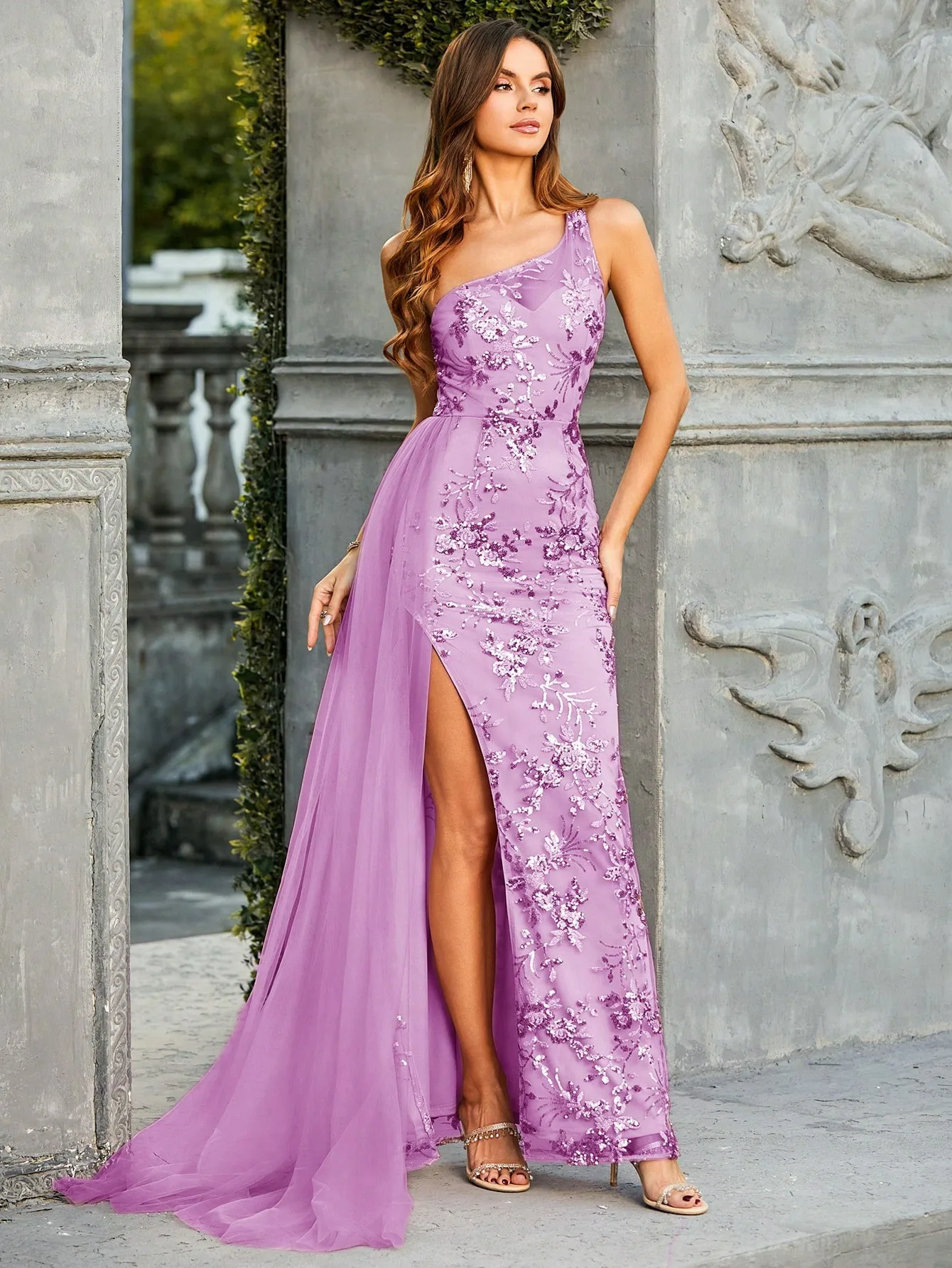 

Hot Summer Long One Shoulder Dress Evening Gown High Slit Cross Border Party Women's Fashion Empire Waist Floor Length Dress