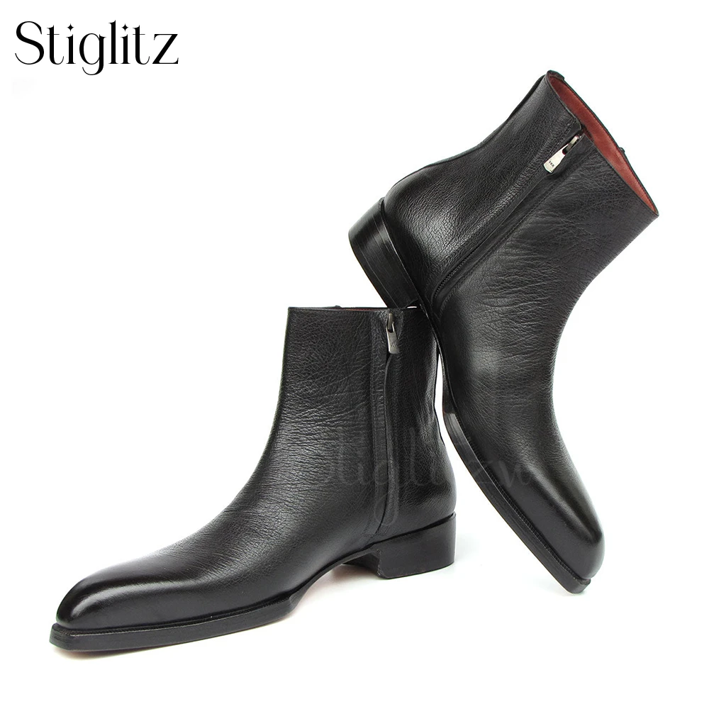 Black Leather Side Zipper Boots Classic Concise Style Ankle Boots for Men Genuine Leather Handmade Shoes for Wedding and Parties