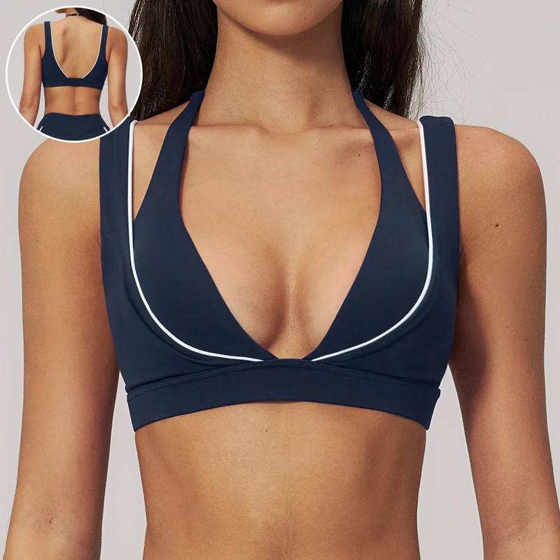 Women Nylon Deep V Neck Sports Bra Wide Strap Open V Back Contrast Piping Padded Gym Workout Top Yoga Bras Activewear Summer