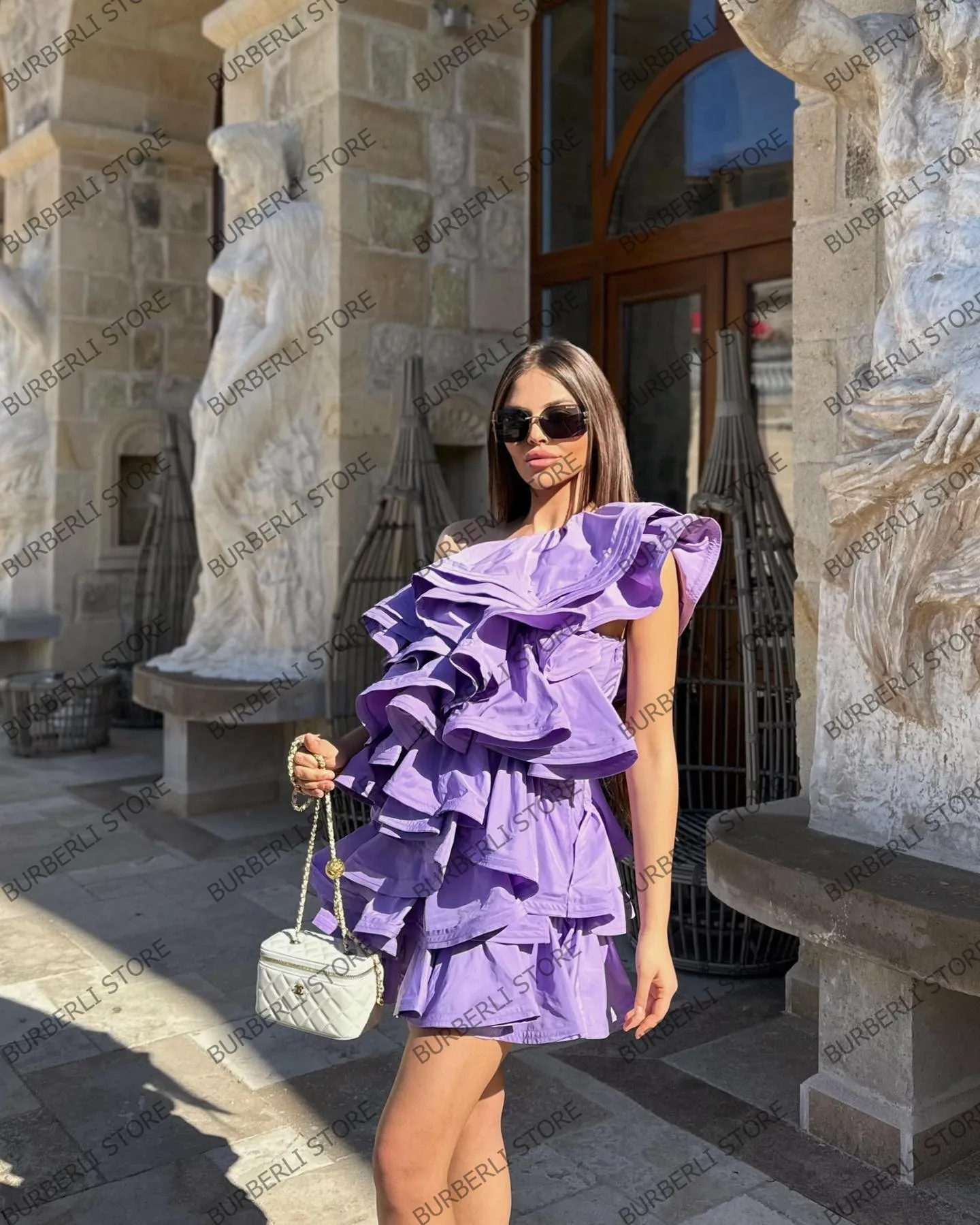 One Shoulder Satin Ruffles Prom Dresses High Street Taffeta A Line Brithday Party Dress Women Summer Mini Cocktail Gowns