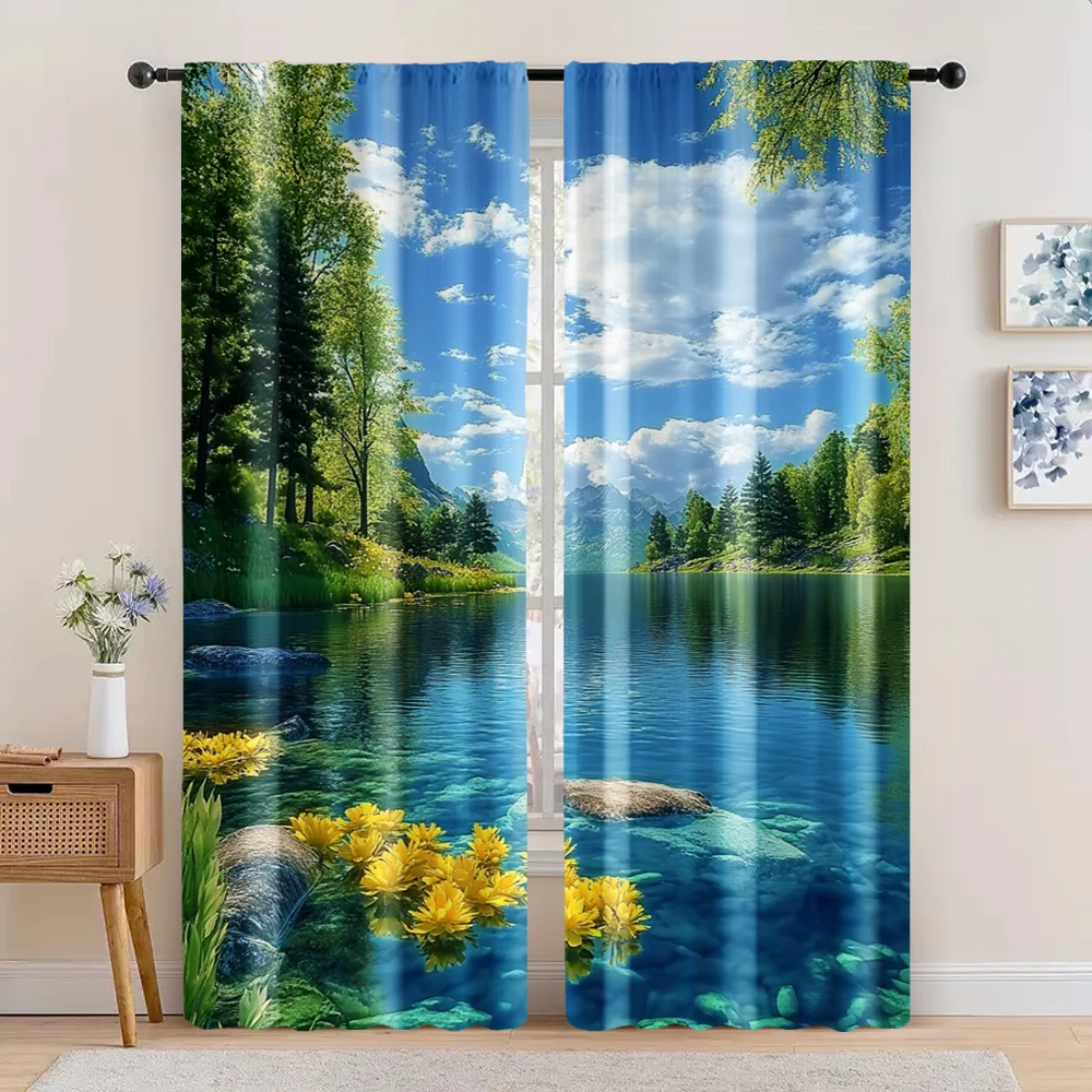 2pc,   Window Curtains curtainRivers, blue skies and white clouds Versatile Polyester Fabric,Without Electricity Holiday