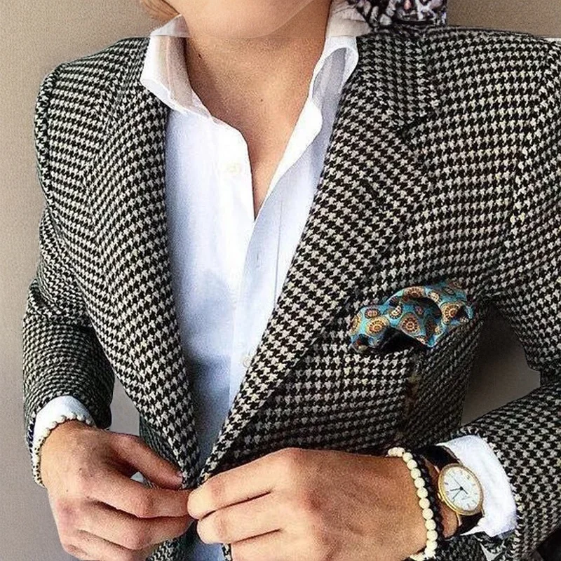 Plaid Suit Jacket for Men 1 Pc Notch Lapel Houndstooth Business Blazer for Wedding Party Fashion Coat Size XS-5XL Ready to ship