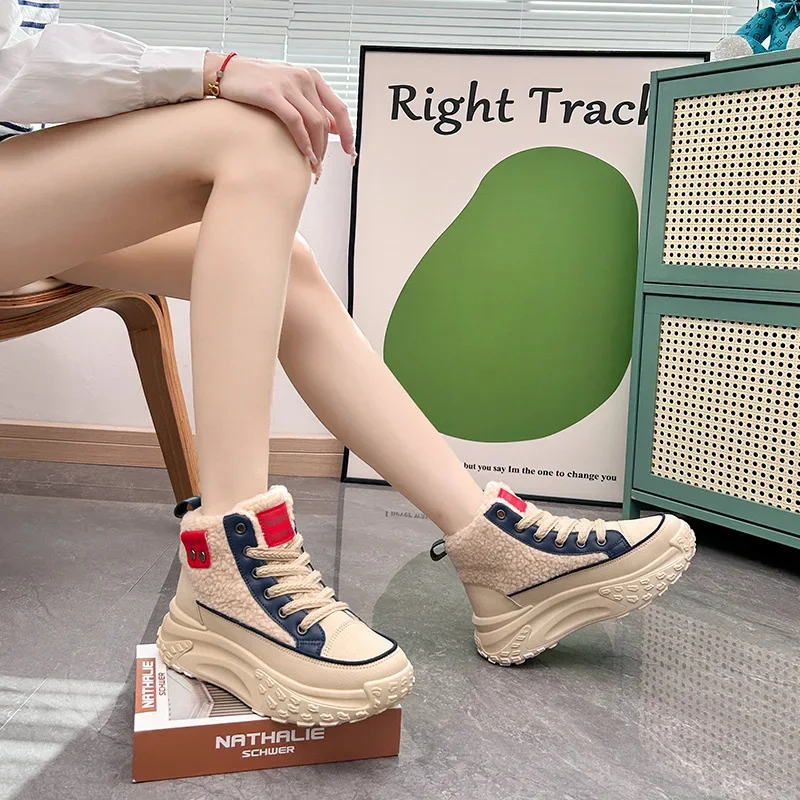 Winter Warm lamb\'s wool students cotton shoes tide casual Flats sneakers PU Plush Women Ankle Boots Lace Up Ladies Snow Boots