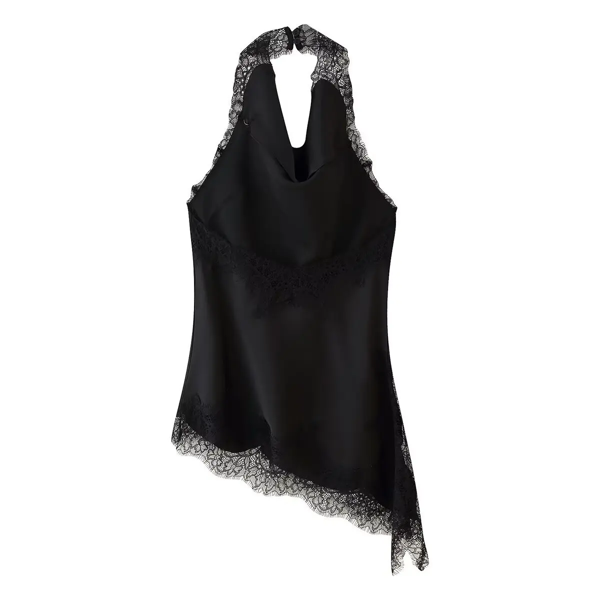 Women's Sexy V-neck Backless Black Asymmetrical Lace Camisole Lady Vintage Sleeveless Slip Evening Party Halter Blouse