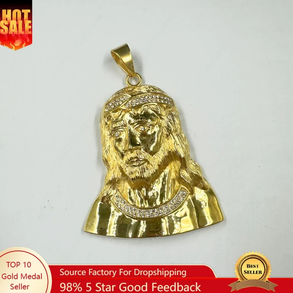 

New Hip Hop Iced Out Big Jesus Head Pendant Necklaces Male Gold Color Stainless Steel Christian Necklace For Men Jewelry Gift