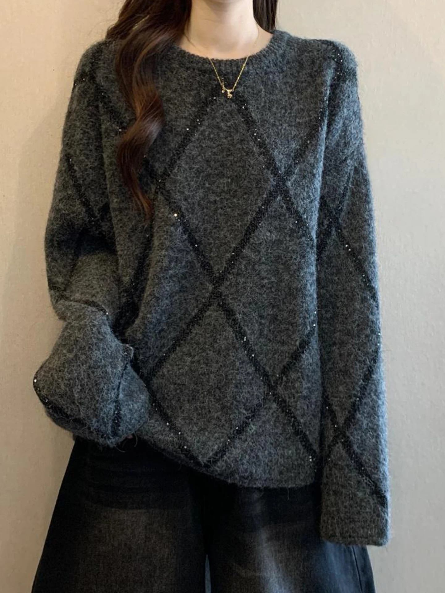 

Корейский элегантный свитер с пайетками и стразами для женщин, осенне-зимний, больших размеров, роскошный вязаный топ