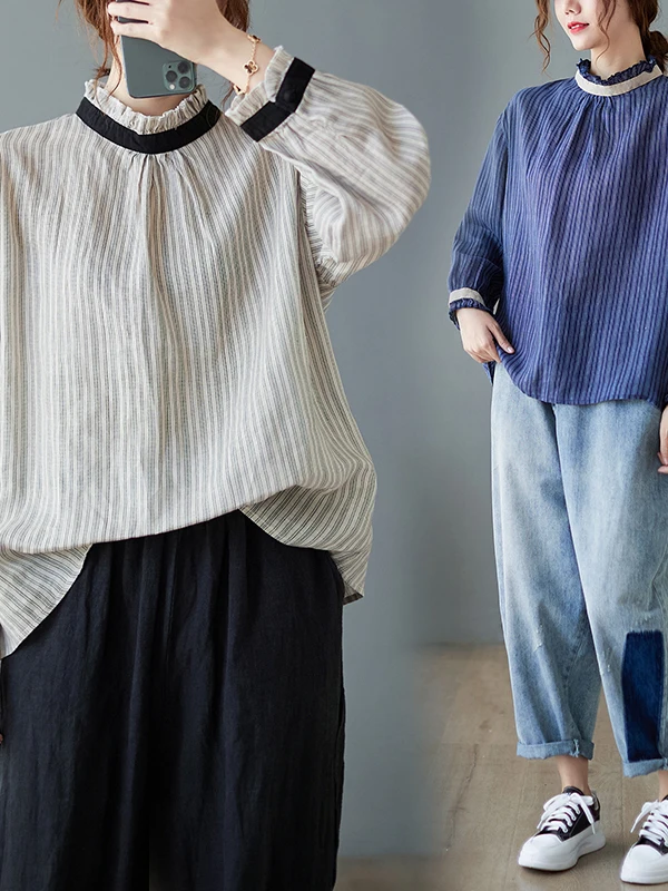 

Casual Stripe Cotton Linen Long Sve irt Women's Autumn Faion Color Blo Patchwork Versatile Loose Fit Regular Length