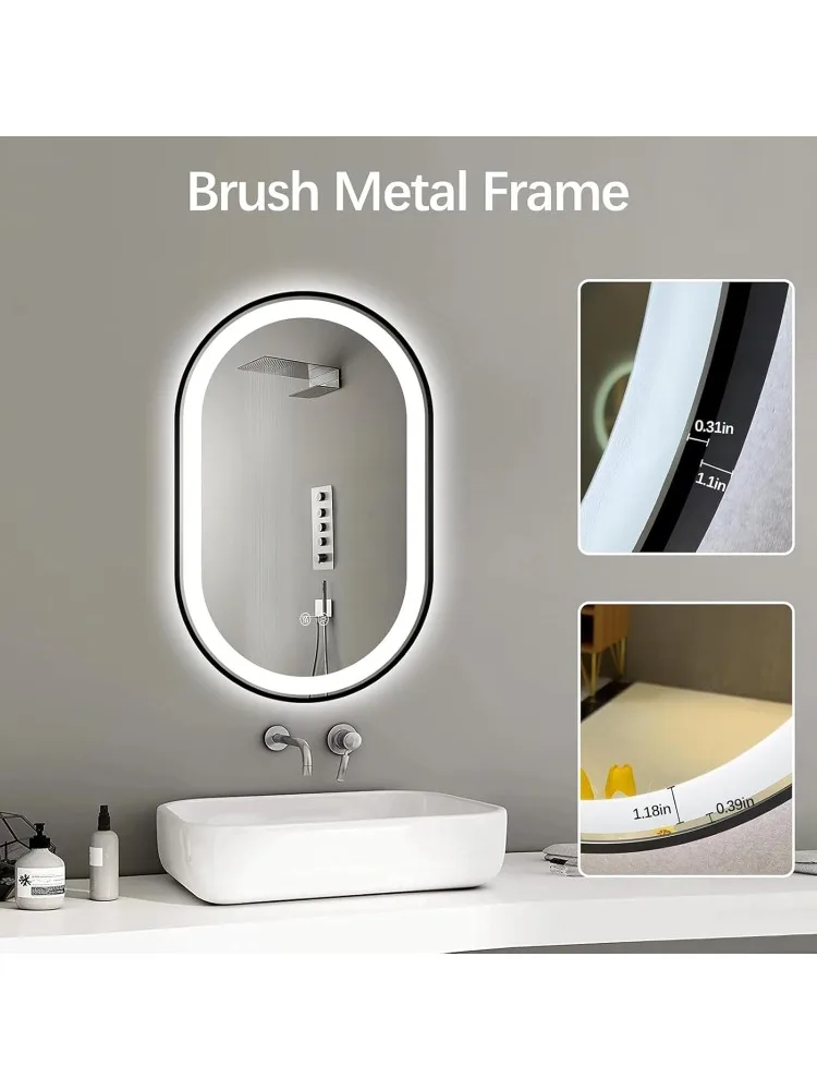 مرآة للحمام، 36 × 24 مضاءة أمامية + مرايا زينة بإضاءة خلفية مع ضوء مضاد للضباب، مقاوم للكسر، 3 ألوان، مكياج #4