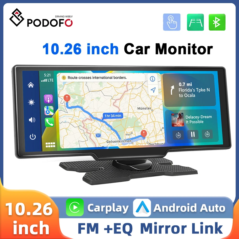 Podofo 10.26'' Car DVR HD IPS Screen Smart Player Carplay Android Auto Multimedia Player Voice Control FM Dashboard Car Monitor