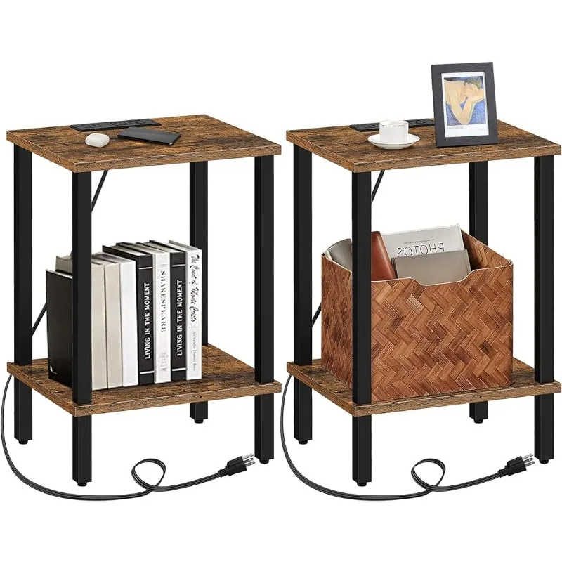 

End Table with Charging Station, Set of 2, Side Table with USB Ports and Outlets, Nightstand, 2-Tier Storage Shelf, Sofa Table
