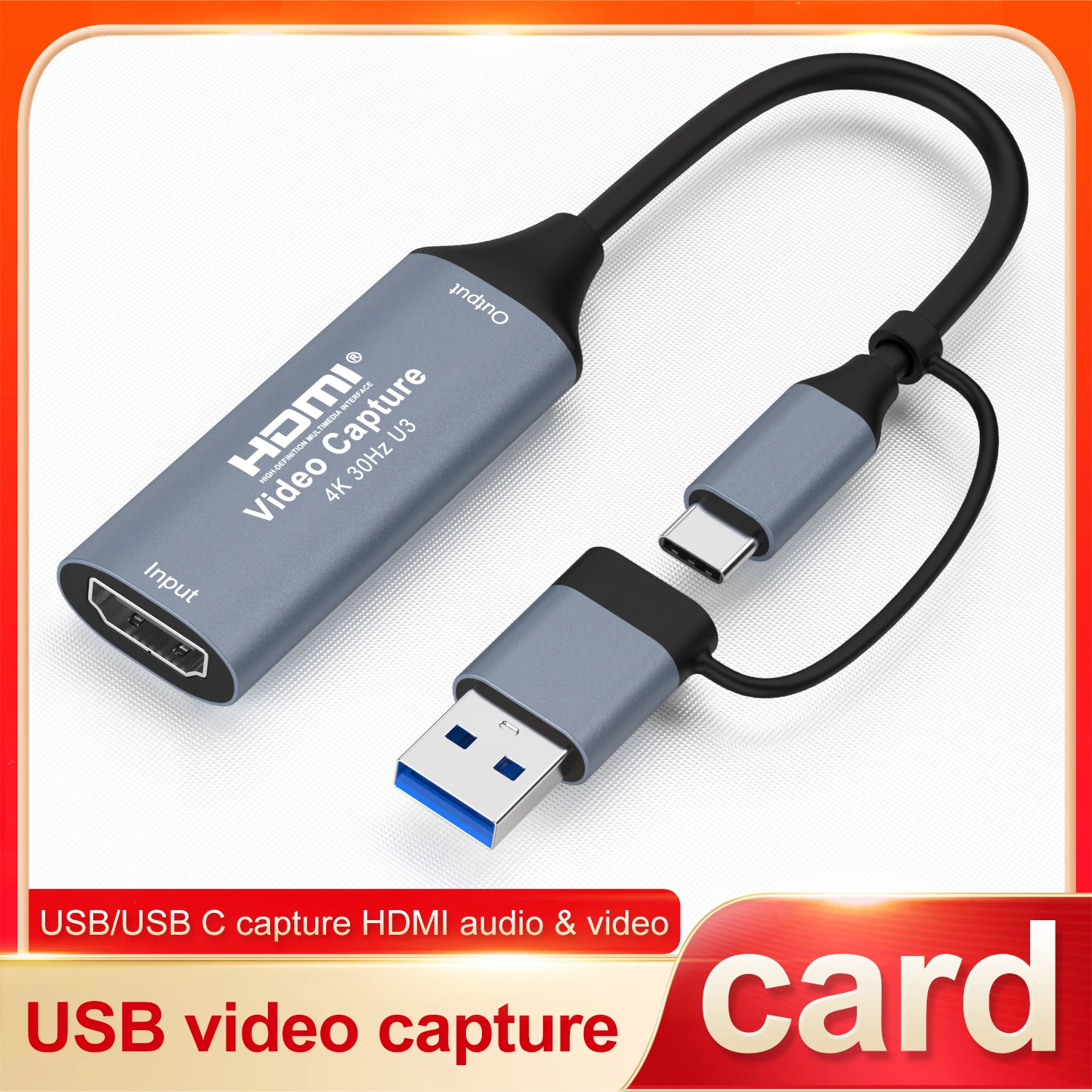 Type C/USB 3.0 to HDMI-compatible 2 in 1 Video Capture Card Game Grabber Record for PS4/5 Camcorder Switch Live Broadcast Camera