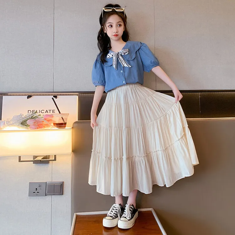 

2024 Korean Summer Children Girl 2PCS Clothes Set School Girl Peter Pan Collar Denim Top+Gauze Cake Skirt Students Clothes Sets